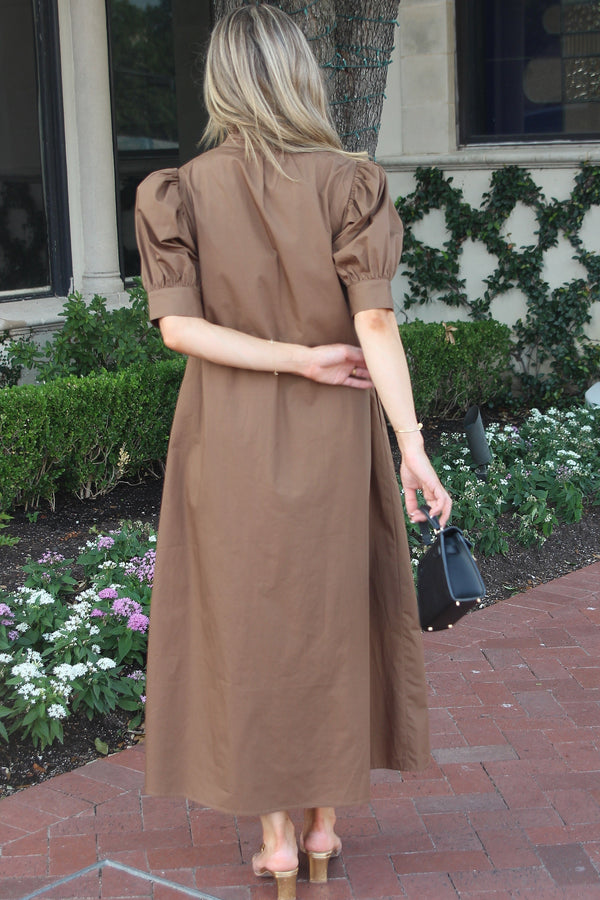 Solid Poplin Ruffle Neck Maxi Shirt Dress