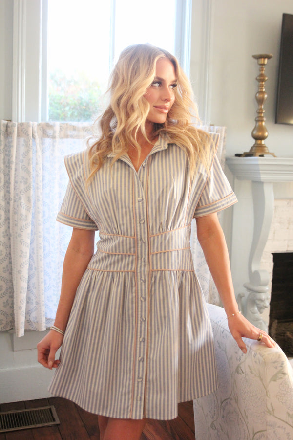 Stripe Pocket Piped Shirt Dress