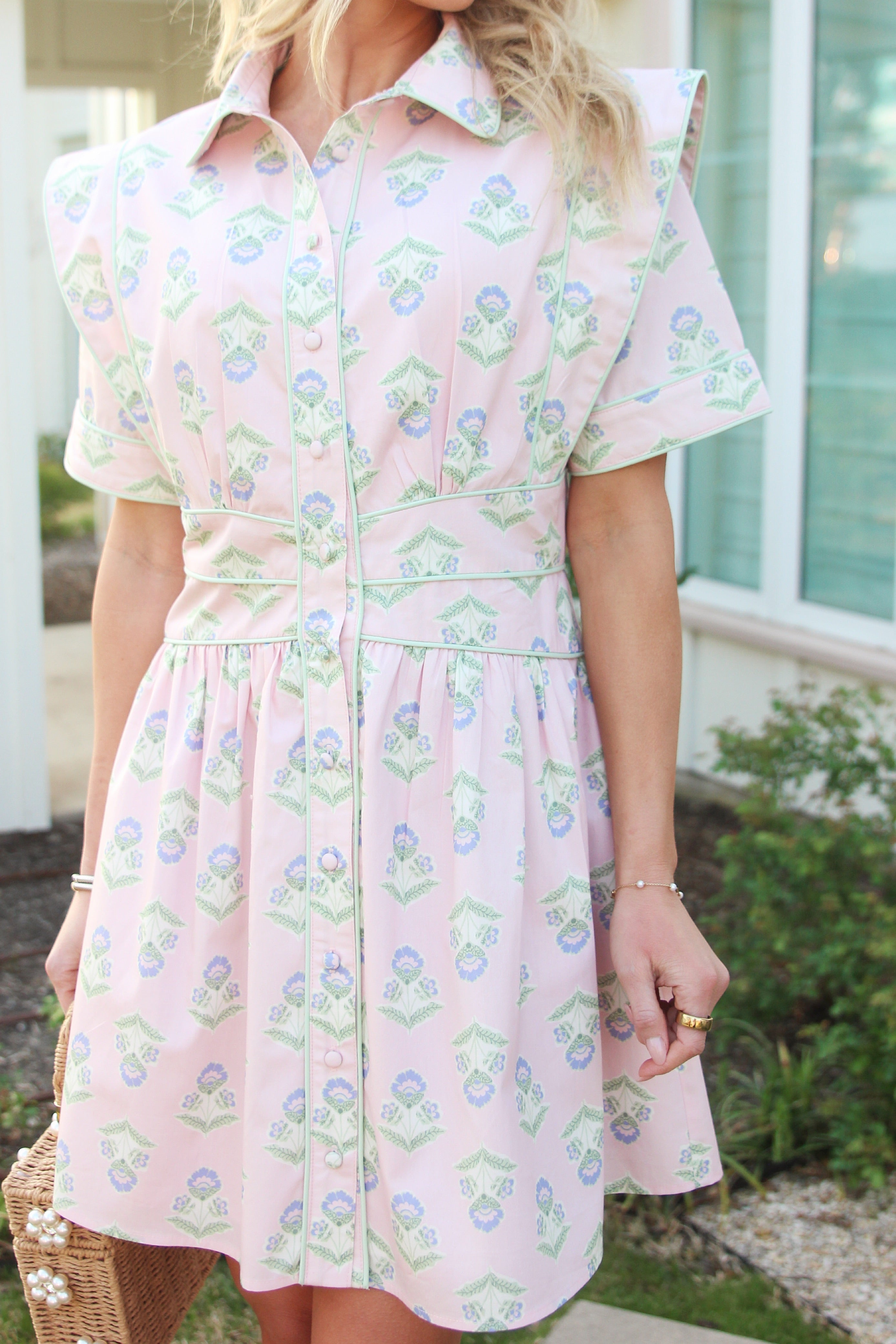 French Floral Shirt Dress with Piping