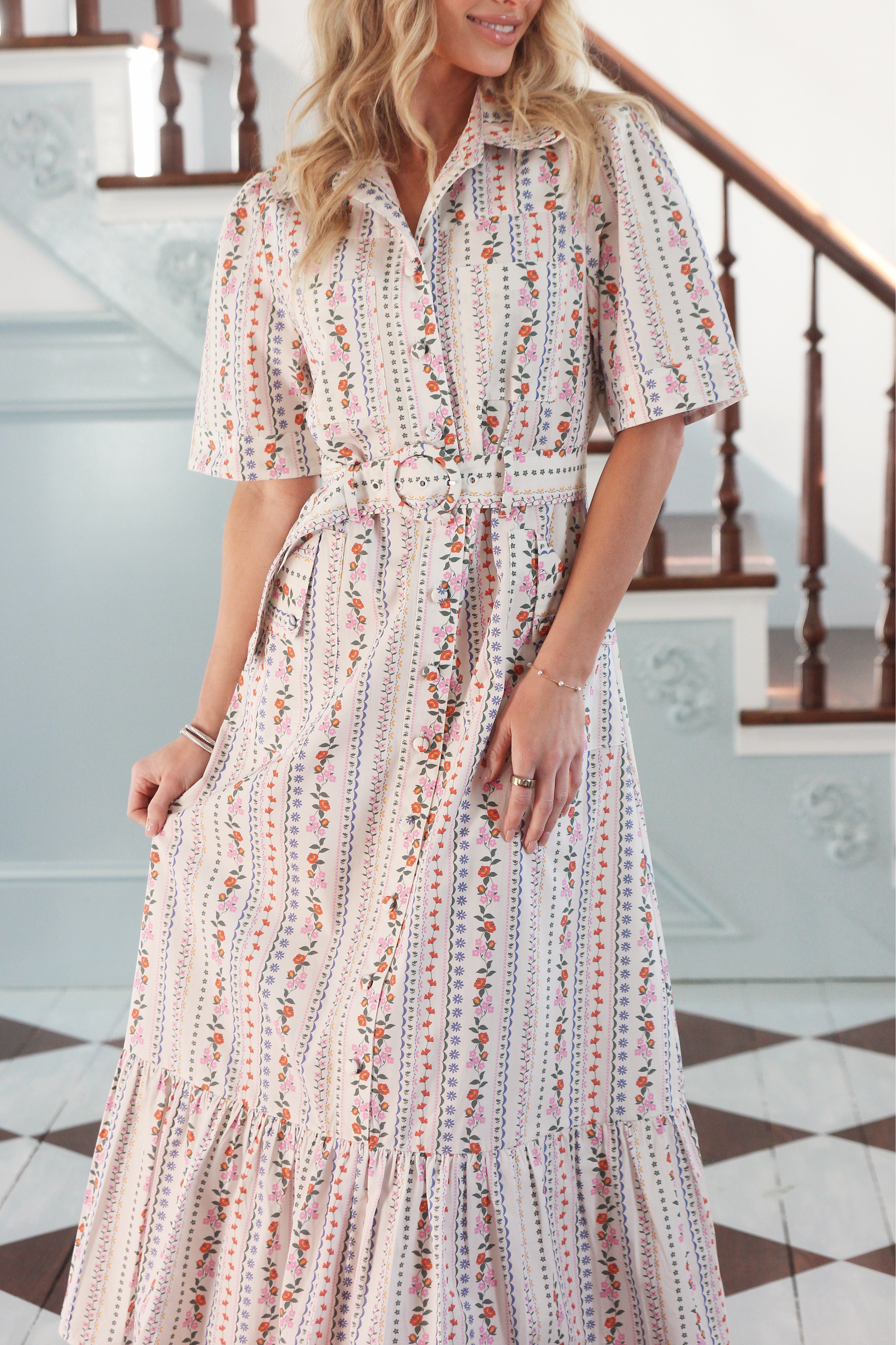 French Multi Floral Belt Maxi Dress