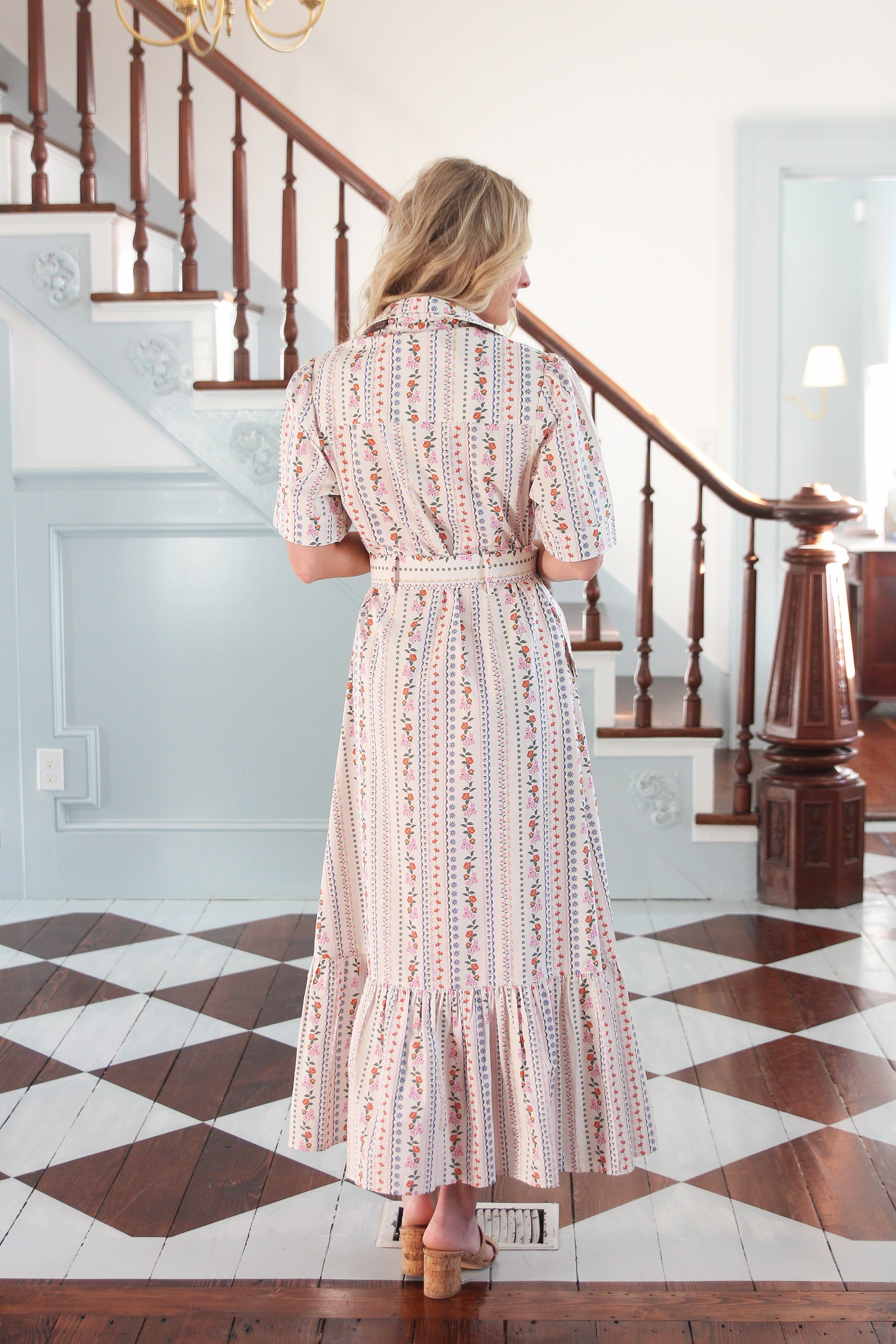 French Multi Floral Belt Maxi Dress