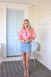 Palm Leaf Floral Ruffle Puff Sleeve Top
