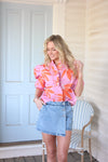 Palm Leaf Floral Ruffle Puff Sleeve Top