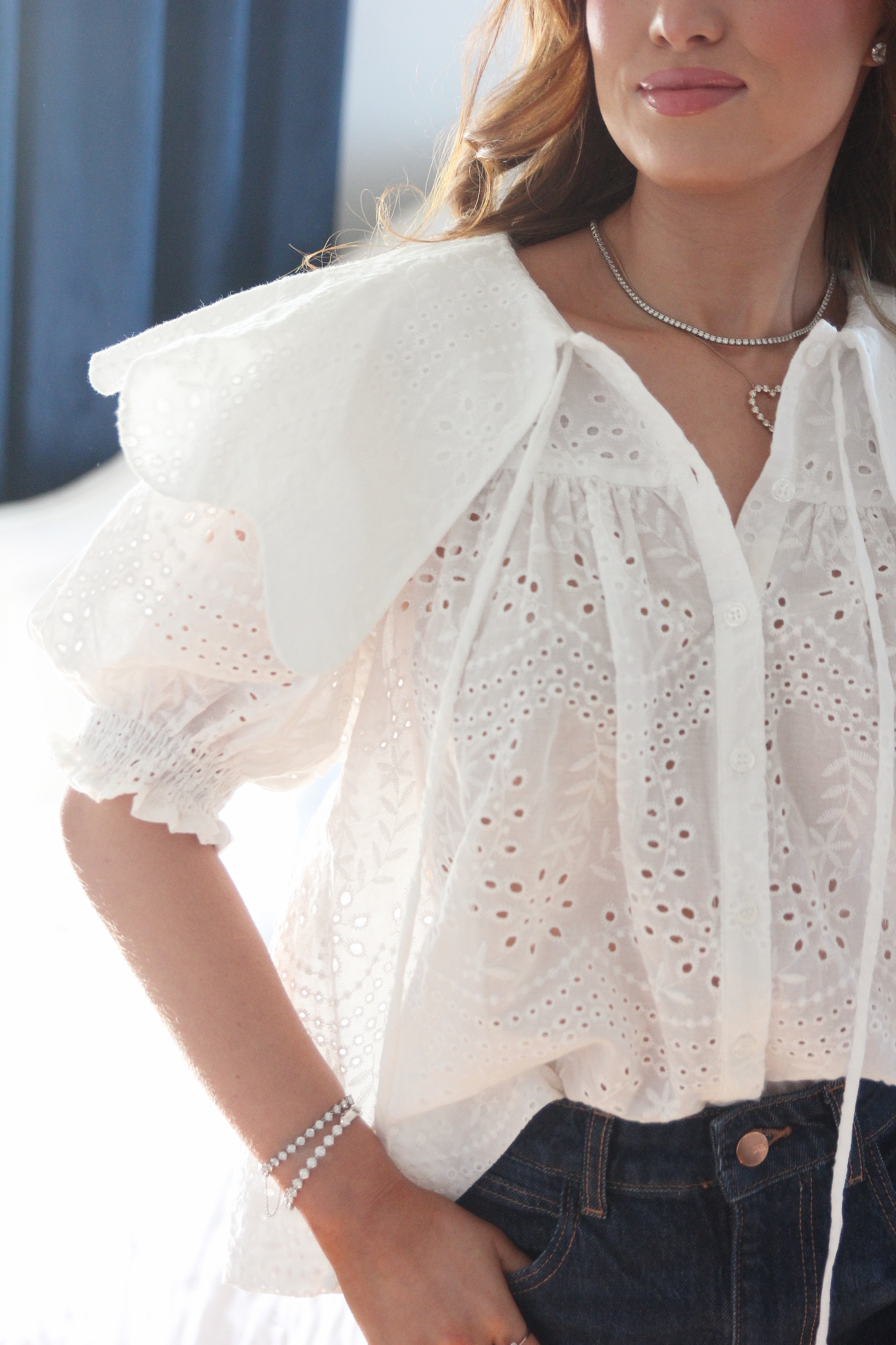 Eyelet Novelty Collar Top