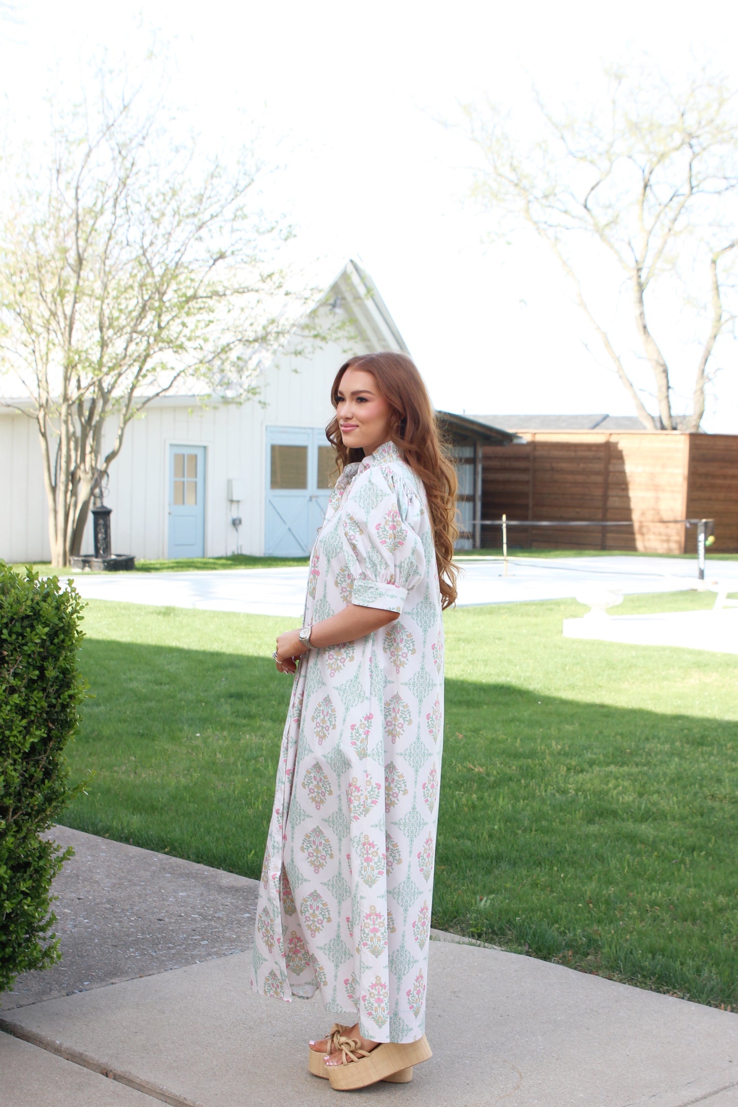 Vintage Floral Ruffle Neck Shirt Dress