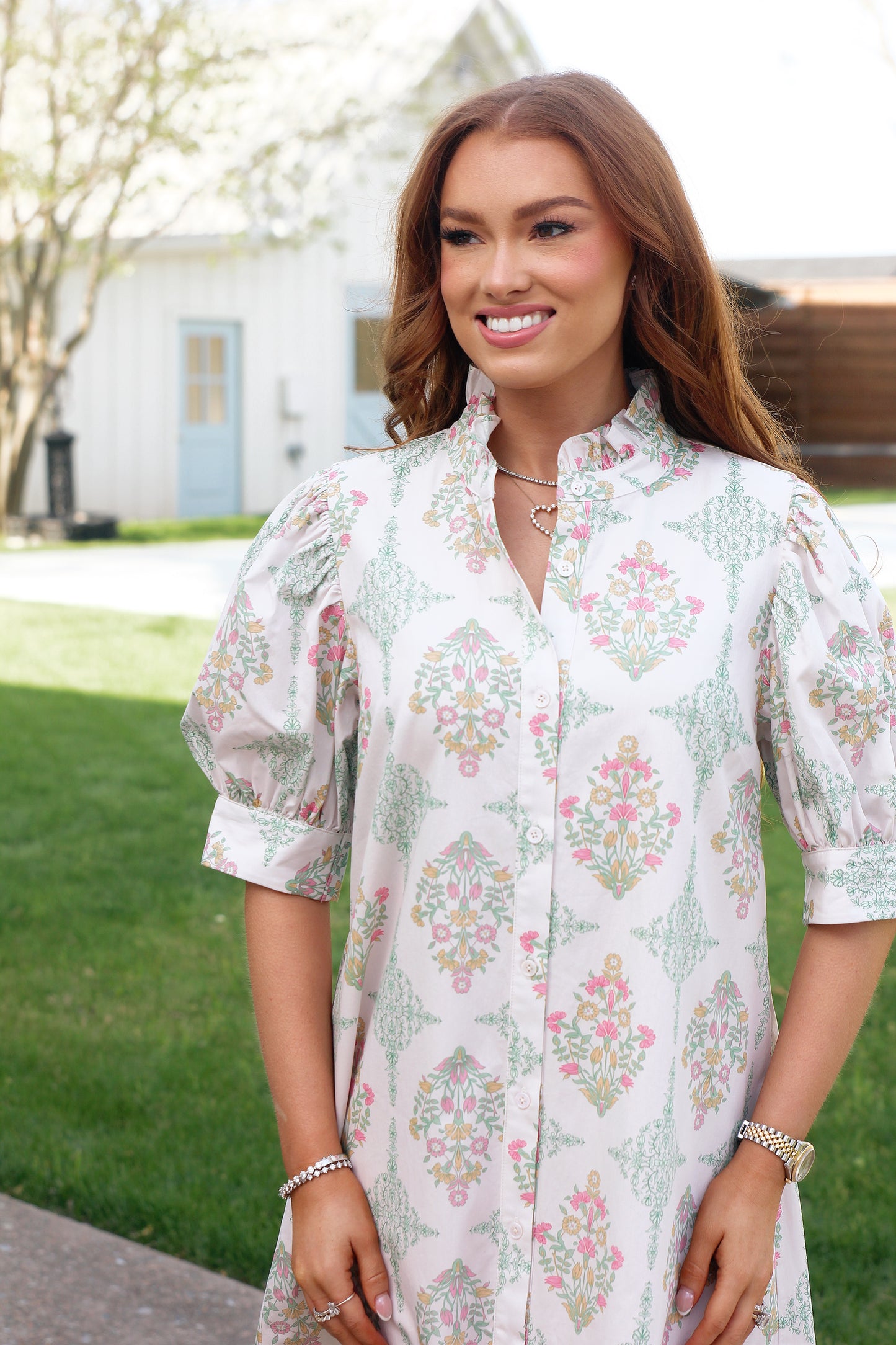 Vintage Floral Ruffle Neck Shirt Dress