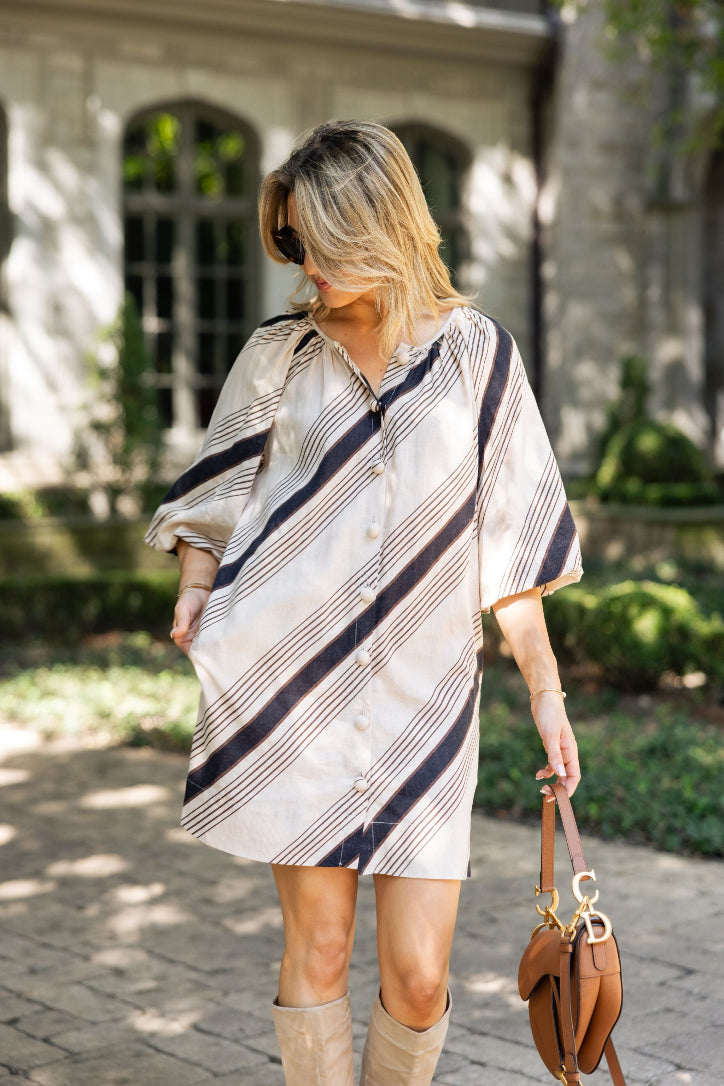 Stripe Puff Sleeve Button Dress