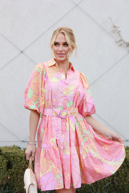 Big Floral Pastel Shirt Dress with Belt