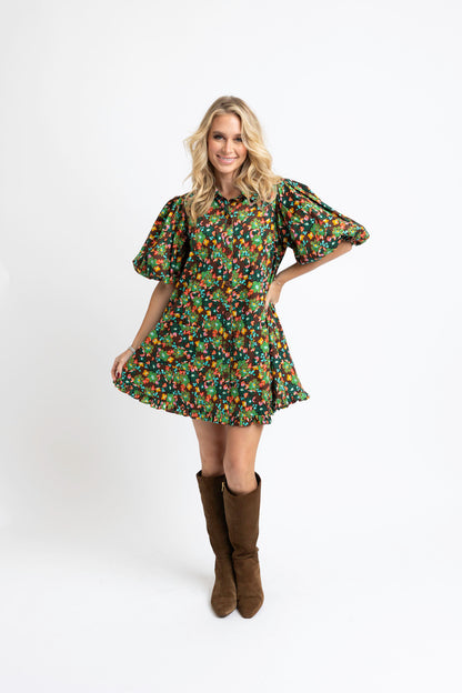 Floral Puff Sleeve Ruffle Pocket Dress