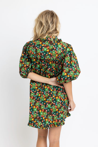 Floral Puff Sleeve Ruffle Pocket Dress