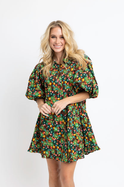 Floral Puff Sleeve Ruffle Pocket Dress