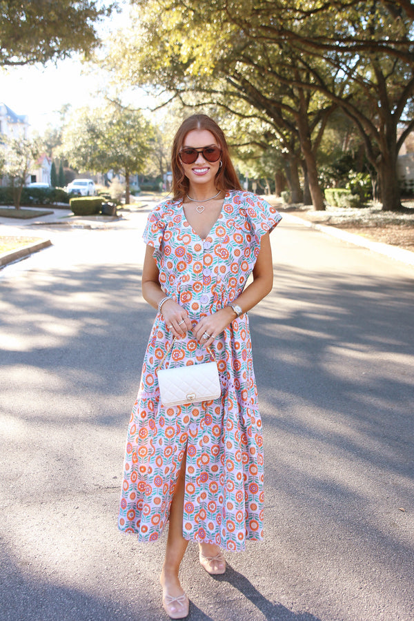 Floral Vneck Novelty Button Maxi