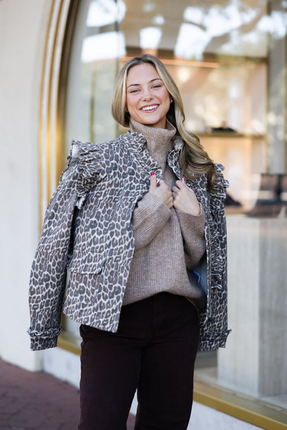 Leopard Denim Ruffle Novelty Jacket