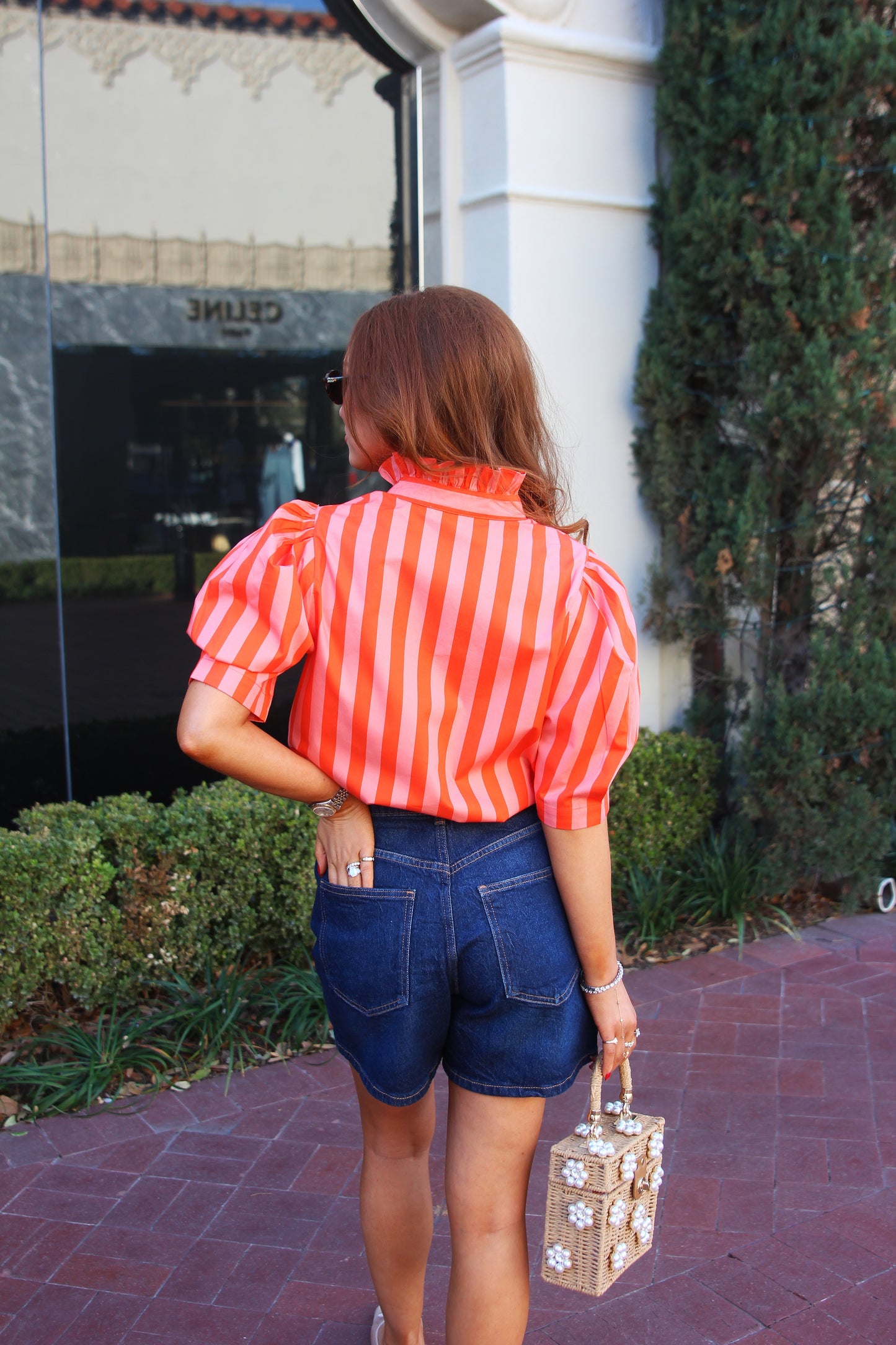 Stripe Button Up Ruffle Neck Top