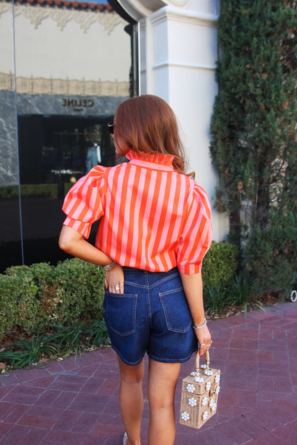Stripe Button Up Ruffle Neck Top