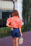 Stripe Button Up Ruffle Neck Top