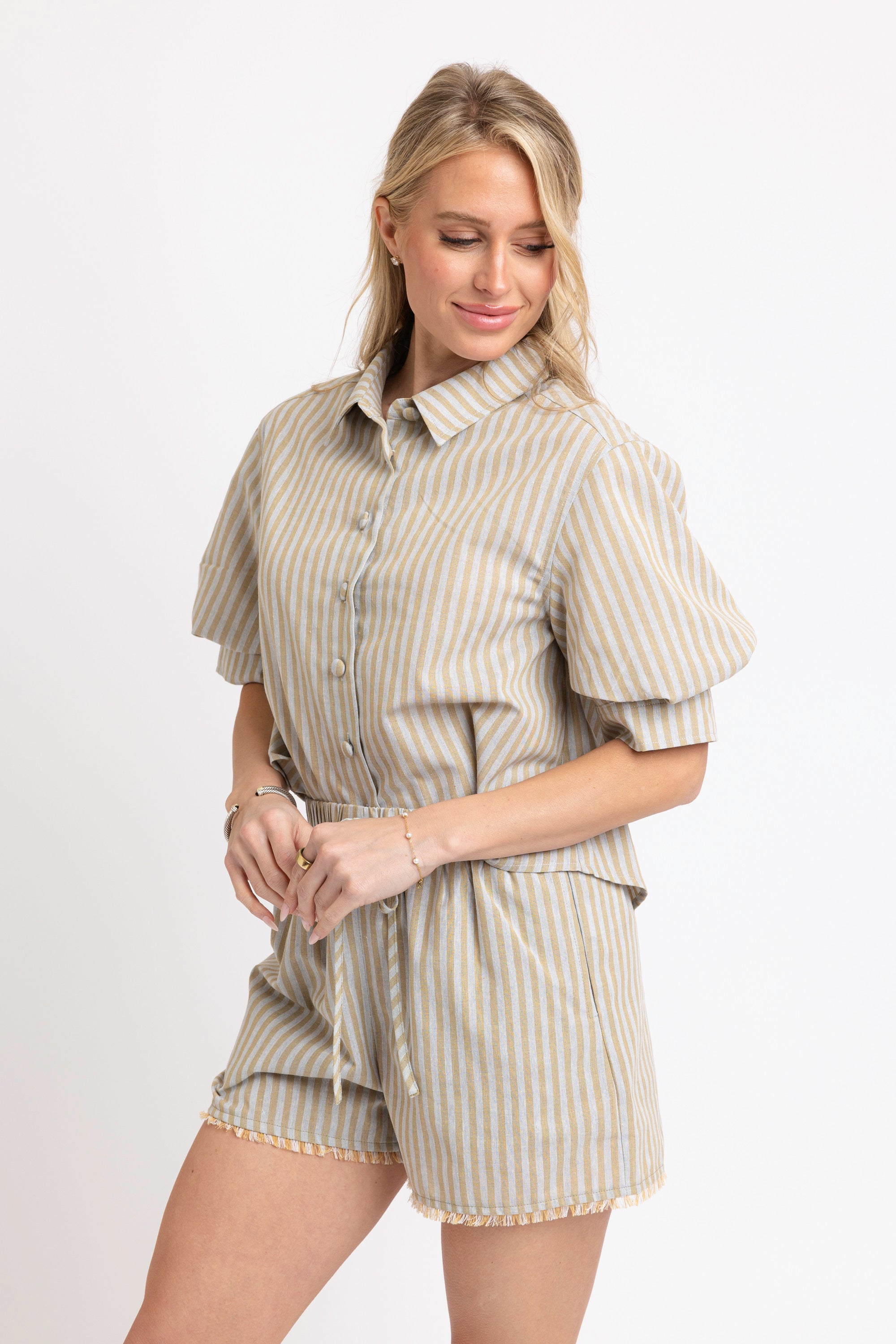 Stripe Linen Puff Sleeve Top