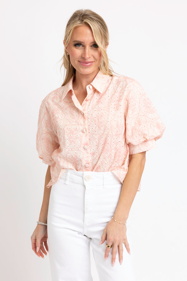 Eyelet Button Puff Sleeve Top
