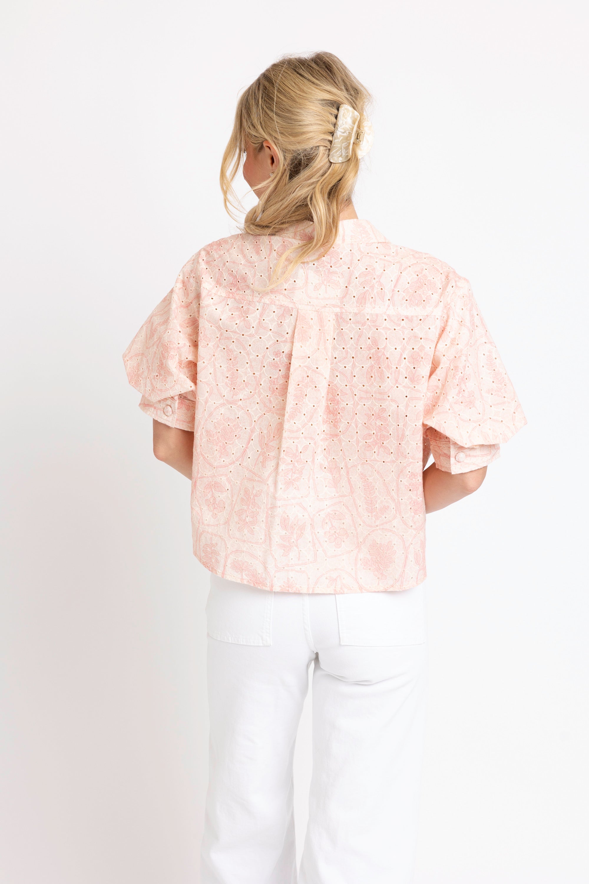 Eyelet Button Puff Sleeve Top