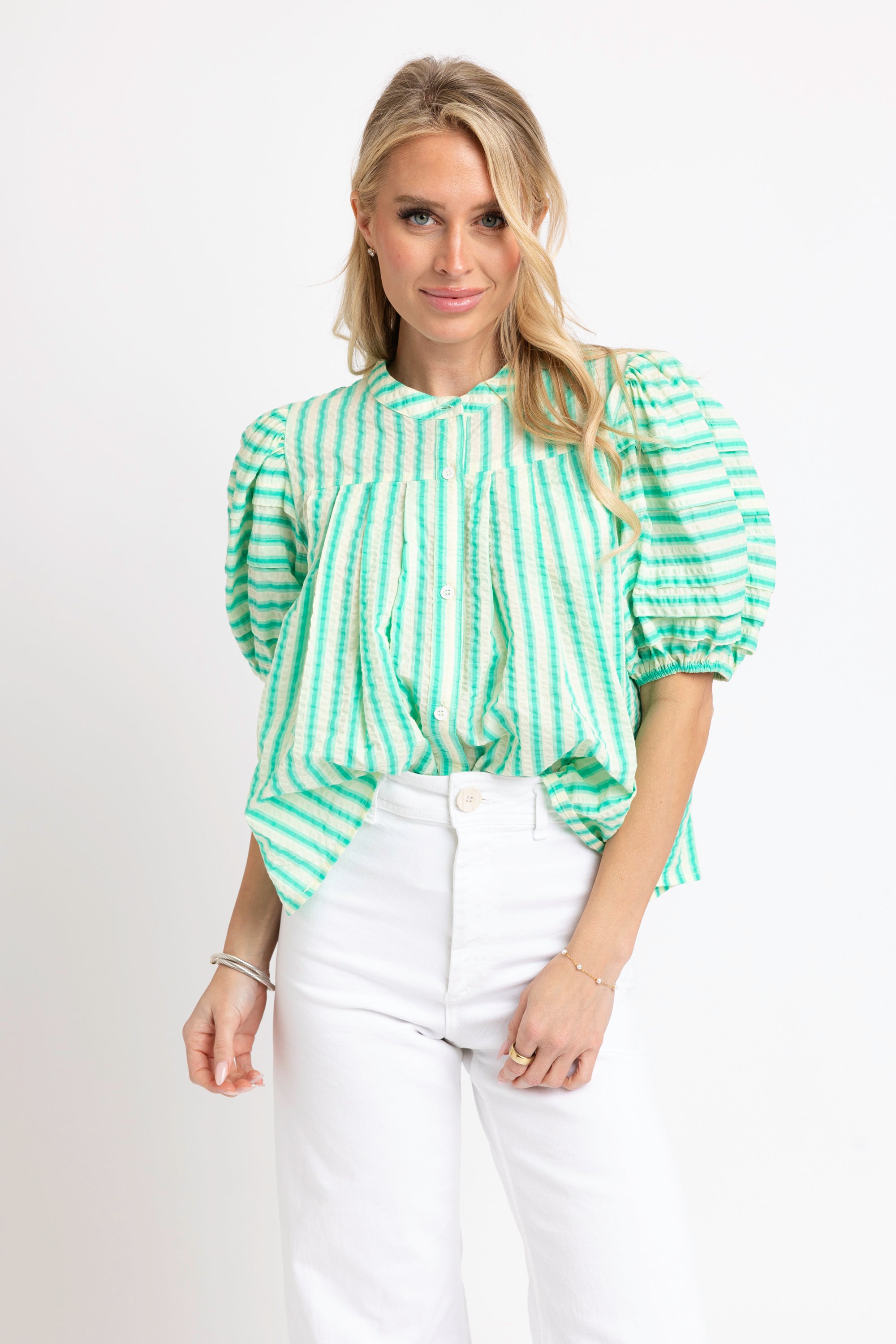 Seersucker Stripe Pleat Sleeve Top