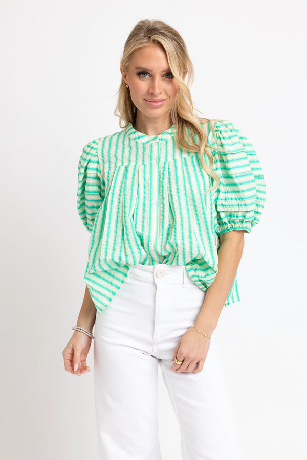 Seersucker Stripe Pleat Sleeve Top