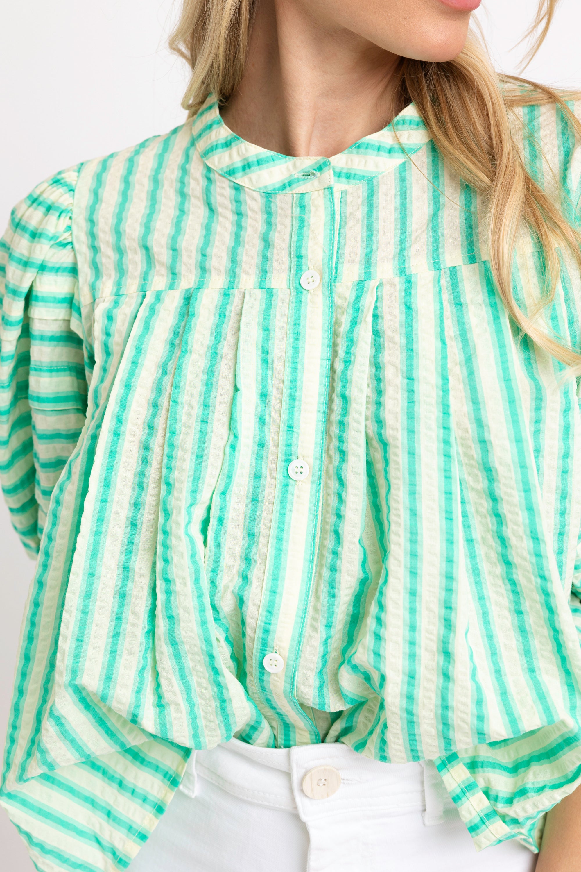 Seersucker Stripe Pleat Sleeve Top
