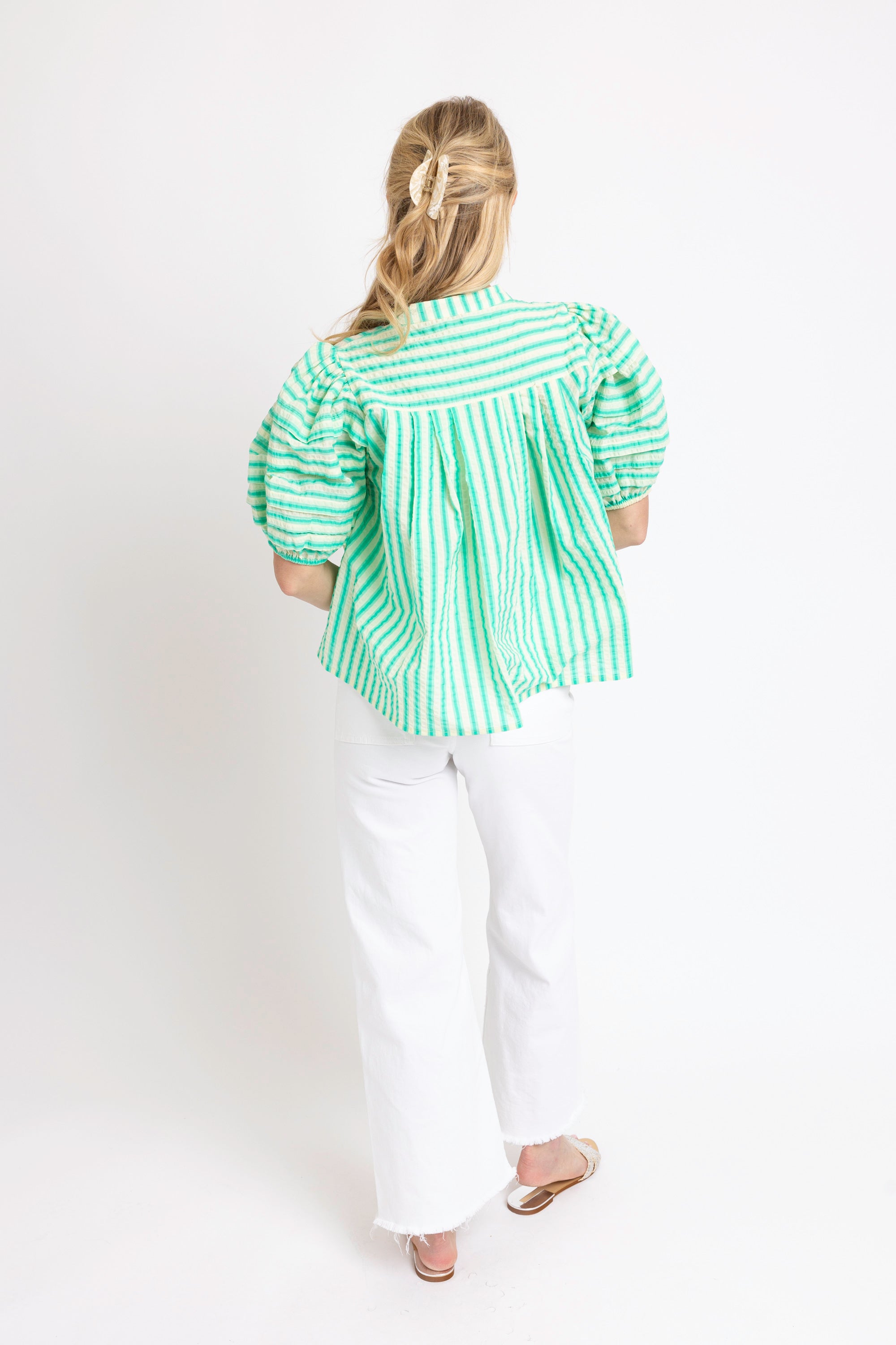Seersucker Stripe Pleat Sleeve Top