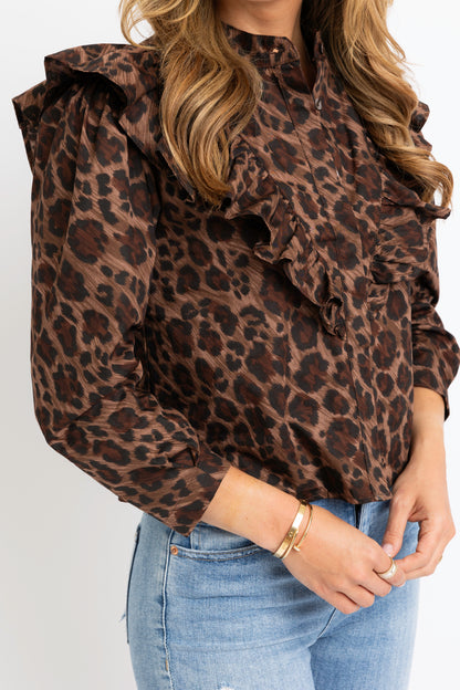 Leopard Ruffle Button Up Top