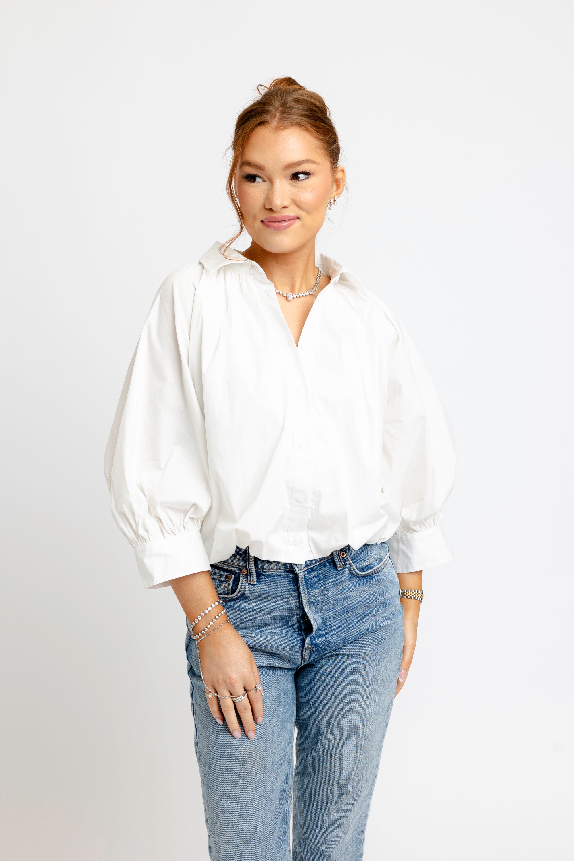 Solid Poplin 3/4 Sleeve Bubble Top